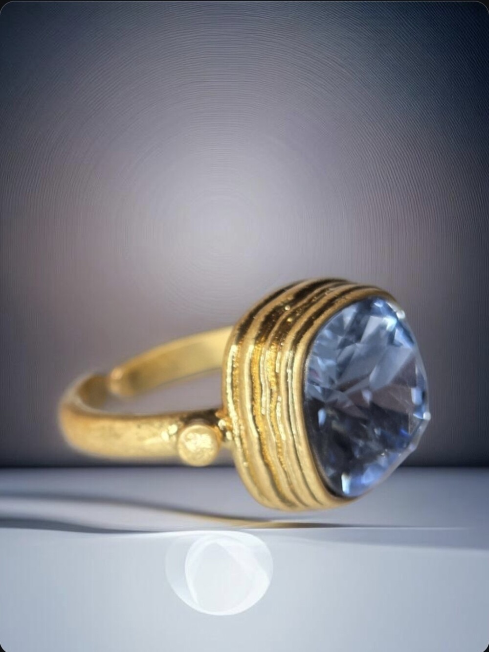 18k Gold Plated Luxury Byzantine Revival Icey Blue Aquamarine Bevel Crystal Ring - Picture 3 of 6